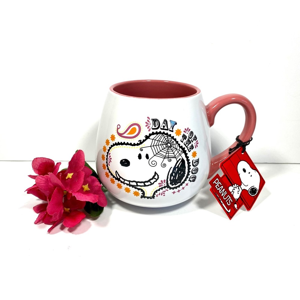 Peanuts Snoopy Day of the Dog Halloween Coffee Mug Pink Gibson Sugar Skull NEW
